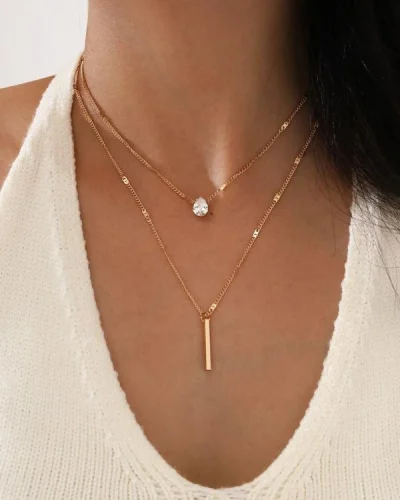 2 PEÇAS CONJUNTO COLAR STRASS PINGO D’ÁGUA & RETÂNGULO