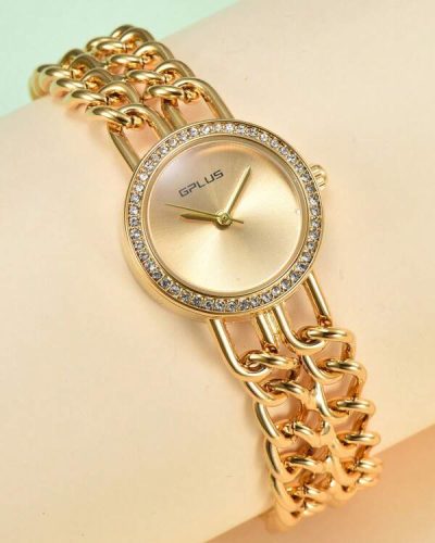 RELÓGIO DE QUARTZO DOURADO COM DECORAÇÃO DE STRASS